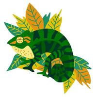 hand drawn cute panther chameleon, exotic mascot shows peace sign and smiles, bright positive character on tropical foliage background, avatar, logo, kids design illustration vector