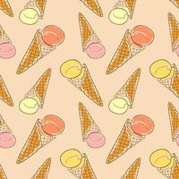 Ice Cream in a waffel cone seamless pattern hand drawing outline and colors illustration vector