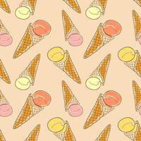 Ice Cream in a waffel cone seamless pattern hand drawing outline and colors illustration vector