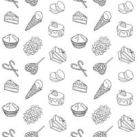 alimento, contorno negro, mano, dibujado, seamless, patrón, conjunto, de, panadería, dulces, colección, bastón de caramelo, magdalena, macarrón, helado, pastel, cocina, diseño, ilustración vector