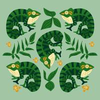 Pattern with cute, funny colored chameleons and tropical foliage. Peace sign, leaves and flowers cheerful vector illustration.