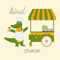 Vector illustration of cheerful crocodile stands in a chefs cap and apron near an ice cream cart, inscription kind croco, alligator holds waffle cups eith ice cream in his hands