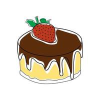 Chocolate cake with strawberry on top hand drawn illustration outline colors vector