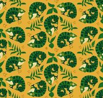 patrón impecable con camaleones lindos y divertidos que muestran el signo de la paz entre las hojas tropicales de follaje. niños, páginas web, papel de envolver, papel tapiz, ilustración vectorial textil desian. vector