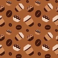 coffee take away seamless pattern with cup of coffee to go, cupcakes and coffee beans hand drawn simple doodle style vector