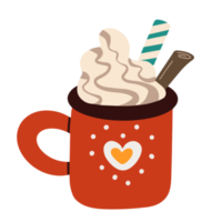 caneca vermelha com delicioso chocolate quente com chantilly servido com canela em pau e palha listrada como doce tradicional de natal png