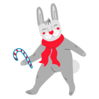 Funny cartoon rabbit in red scarf with candy cane png