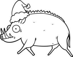 line drawing of a wild boar wearing santa hat vector