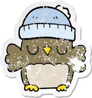 distressed sticker of a cute cartoon owl in hat vector