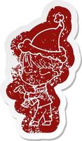 cartoon distressed sticker of a woman with eyes shut wearing santa hat vector