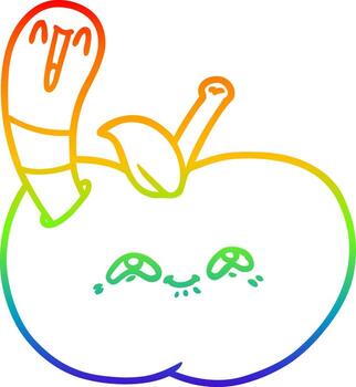 rainbow gradient line drawing cartoon worm in happy apple vector