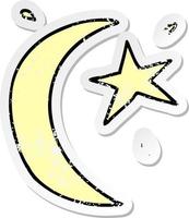 distressed sticker cartoon doodle of the moon and a star vector