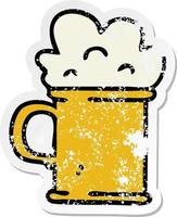 distressed sticker of a quirky hand drawn cartoon tankard of beer vector