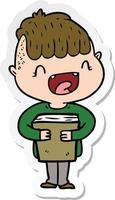 sticker of a cartoon happy boy with new books vector