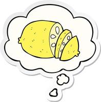 cartoon sliced lemon and thought bubble as a printed sticker vector