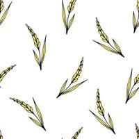 Simple hand-drawn vector seamless pattern. Gold, yellow spikelets of wheat on a white background. Cereals, seasonal harvest. For packaging prints of flour products, bread, labels, textiles.