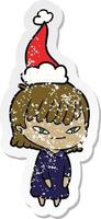 distressed sticker cartoon of a woman wearing santa hat vector