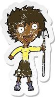 retro distressed sticker of a cartoon crazy woman with spear vector