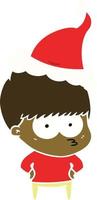 nervous flat color illustration of a boy wearing santa hat vector