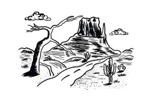 desert sketch american rocks, landscape of cactuses and roads vector