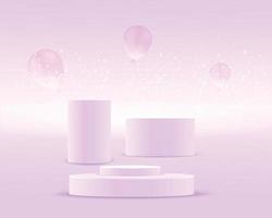 Cylinders podiums, realistic scenes, against a purple background with balloons, and glowing particles effect, 3D rendering vector