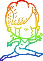 rainbow gradient line drawing cartoon crying girl running vector