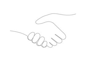apretón de manos, ayuda de la mano, una línea de arte continua. equipo de apretón de manos juntos. comunicación de hombre o mujer, acuerdo comercial, sociedad. firmar contrato, paz. contorno vectorial vector