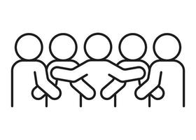 Group people hug, line icon. Embrace friend, family, teamwork. Hope, support, care through social cuddle. Vector outline sign illustration