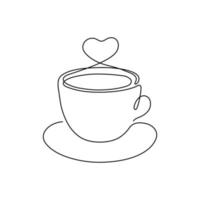 Cup of coffee with heart love, one single continuous line drawing. Simple abstract outline beautiful mug with steam beverage. Vector illustration