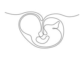 Baby embryo in womb, fetus one art line continuous drawing. Silhouette cute unborn fetus child on mother womb in minimalism single outline draw. Little kid is lies on stomach. Vector illustration