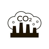 icono de emisión de co2, carbono de fábrica. silueta de fábrica con humo de nube de dióxido de contaminación de chimenea. emblema de contaminación de carbono del aire con pipas industriales de fábrica. signo vectorial vector