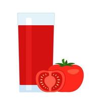 Tomato juice glass with whole and half tomato, smoothie food. Cut vegetables cooking vegetarian drink. Red beverage in cup, fresh vegetable drink for healthy eating. Vector illustration