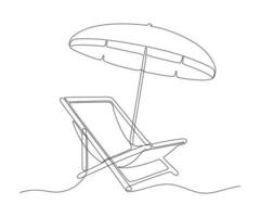 Beach umbrella and chair for summer holiday, continuous one line drawing. Beach chaise longue and sunshade. Summertime relax on deck chair on coast of sea. Relaxation equipment. Vector outline