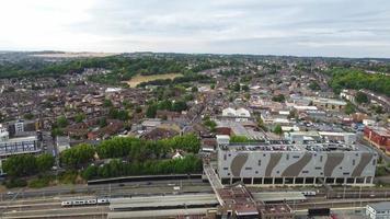 High angle view of train moving on tracks at Luton Central Railway Station of England UK video