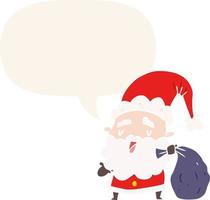 cartoon santa claus carrying sack of presents and speech bubble in retro style vector