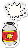 cartoon can of soda and speech bubble sticker vector