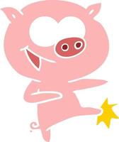 cheerful dancing pig flat color style cartoon vector