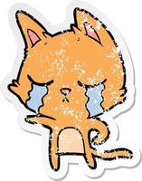 distressed sticker of a crying cartoon cat pointing vector