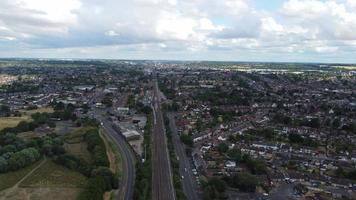 Aerial footage and high angle Train on Tracks at Leagrave Luton City Railway Station and Town of England UK video