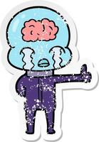 distressed sticker of a cartoon big brain alien crying but giving thumbs up symbol vector