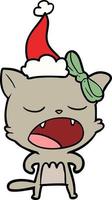 line drawing of a cat meowing wearing santa hat vector