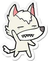 sticker of a cartoon wolf waving showing teeth vector