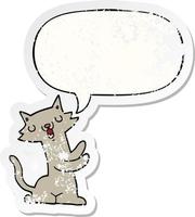 cartoon cat and speech bubble distressed sticker vector