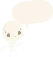 cute cartoon dancing skeleton and speech bubble in retro style vector