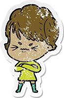 distressed sticker of a cartoon frustrated woman vector