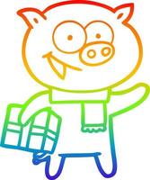 rainbow gradient line drawing cheerful pig with christmas gift vector