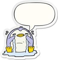 cartoon crying penguin and speech bubble sticker vector