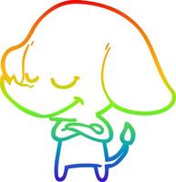 dibujo de la línea de gradiente del arco iris elefante sonriente de dibujos animados con los brazos cruzados vector