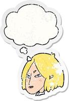 cartoon woman and thought bubble as a distressed worn sticker vector