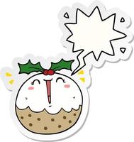 cute cartoon christmas pudding and speech bubble sticker vector